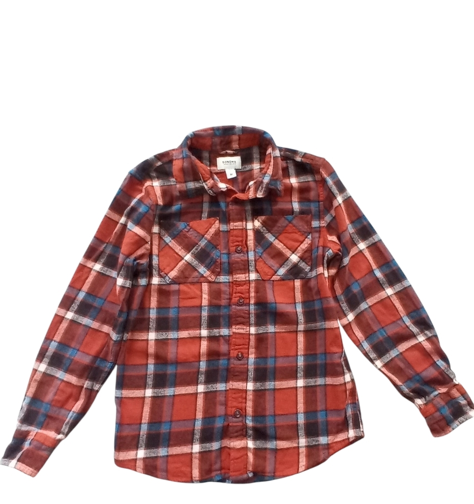 Sonoma Goods For Life, Boy's Size Medium, Orange, Blue and White Plaid Shirt
